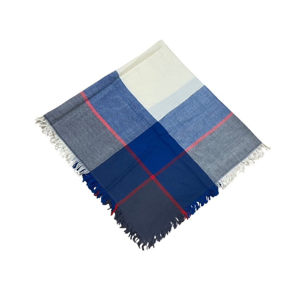 VTG Uena Blue Plaid Square 47in Scarf Fringed Blanket Academia Acrylic Japan